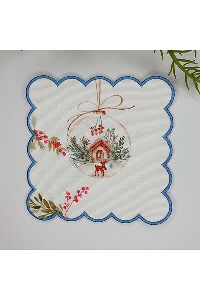 DECO Watercolor New Year's Globe Patterned Blue Embroidered Cocktail Napkin