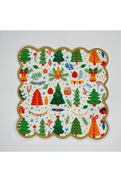 DECO Новорічна серветка з принтом червоно-зеленої ялинки - вишитий край