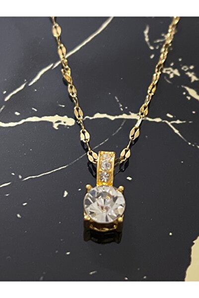 Marmara Lux Elegant Gold Color Single Stone Necklace - Gift and Colorfast, Single Satis