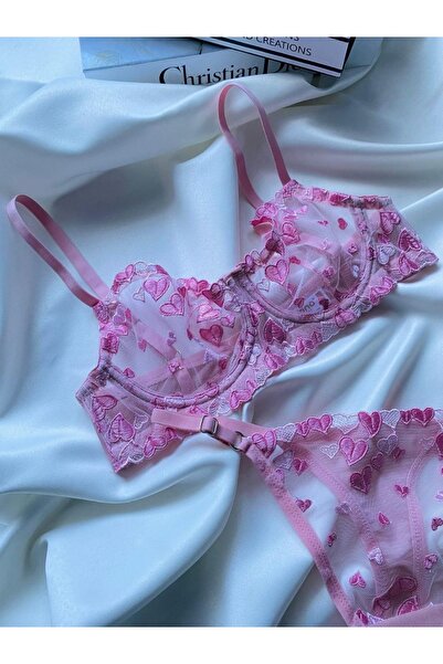 MODEL Kalp Desenli Pembe Balenli Sütyen Takımı