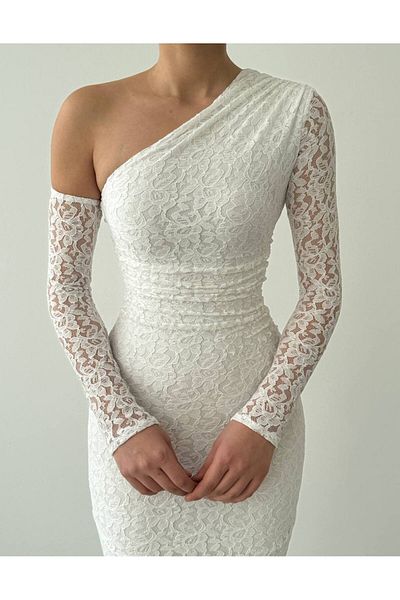 WOMAN VISION Γυναικείο ασύμμετρο κόψιμο με έναν ώμο Λεπτομέρεια με επένδυση από ύφασμα δαντέλα με μολύβι Λευκό βραδινό φόρεμα 364