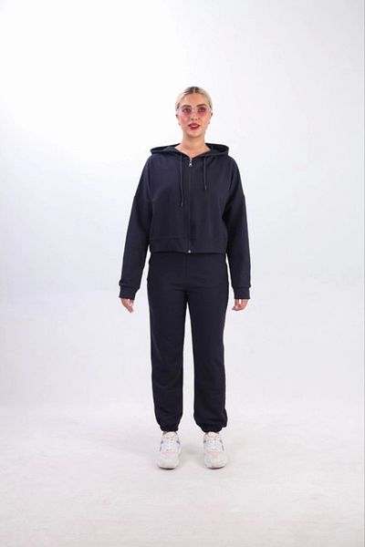 Barış Beauty Modavera Two Thread Hooded Zippered Crop Oversize Cardigan Suit - Navy Blue