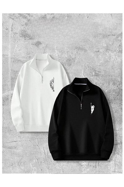 Massgai Lion &Apos; S Sweatshirts Design - Double Combination, Half Zipper, Oversize Sweatshirt Set of 2