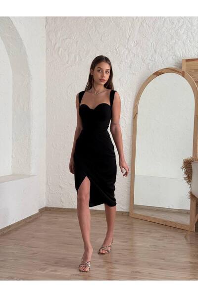 BEAUTY FASHİON Kadın Abiye Kalın Askılı Kalp Yaka Yırtmaçlı Midi Elbise - Abiye & Mezuniyet Elbisesi