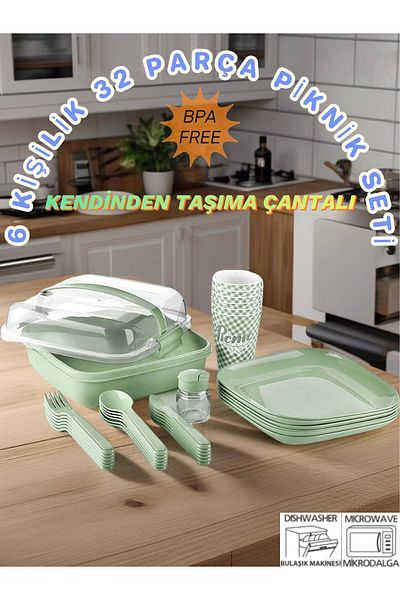 MEDUSHOP 6-Person 32-Piece Picnic Set-Microwave Compatible Dishwasher Safe. (Green)