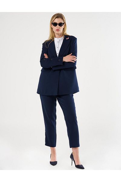 Kayra Dark Navy Blue Buttoned Double Set