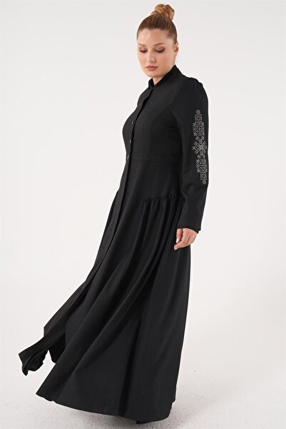 Kayra Black Top Coat - Sleeve Embroidery Detail
