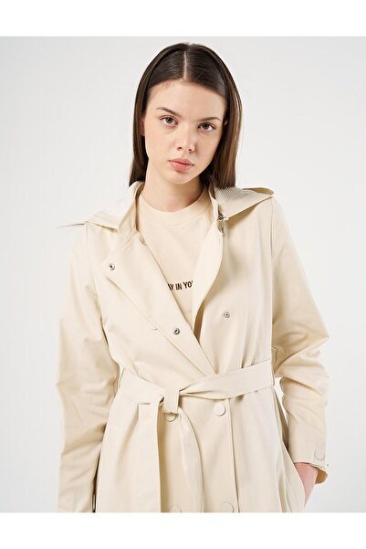 Kayra Kuşaklı Uzun Trençkot Krem