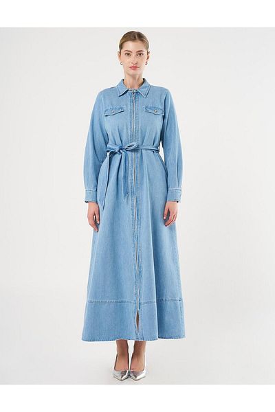 Kayra Τζιν φόρεμα με τσέπη και ζώνη Ice Blue
