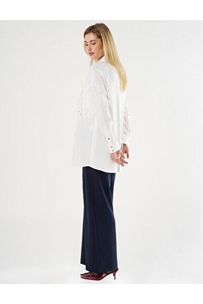 Kayra Bağcık Detaylı Gömlek Yaka Tunik Ekru