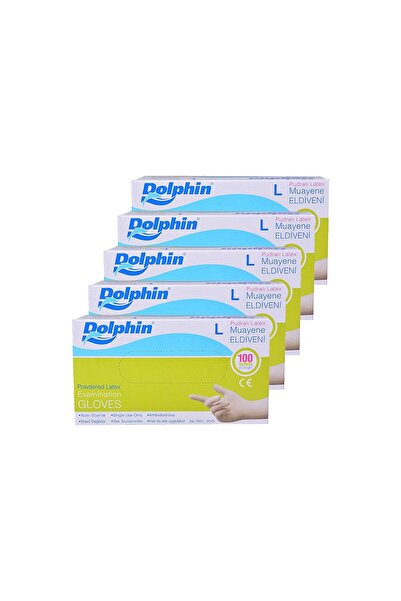 Dolphin Tek Kullanımlık Lateks Beyaz Pudralı Large ( L ) Muayne Eldiveni - 5 Adet 100'lü Paket