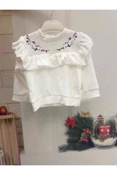 Nissa White Flower Embroidered Velvet Baby Girl Set