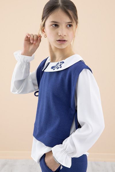 Cansın Mini Navy Blue Embroidered Collar Shirt and Sweater Girl's 3-Piece Set 20269