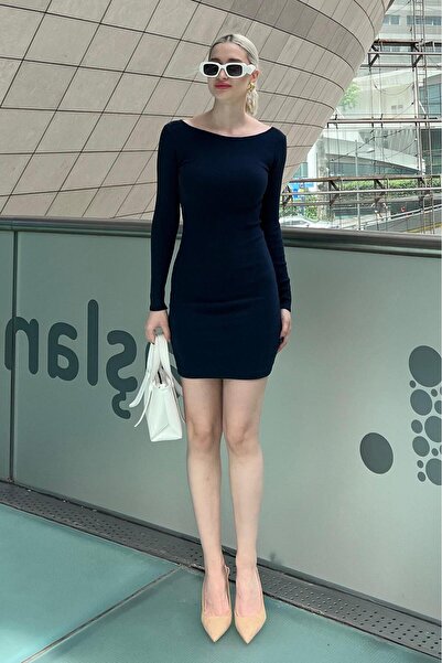 Madmext Lacivert Madonna Yaka Mini Elbise MG2041