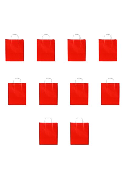 omeyva Büküm Saplı Kraft Kağıt Çanta Karton Hediyelik Poşet Torba - Kırmızı - 18x24 Cm. - 10 Adetlik Paket