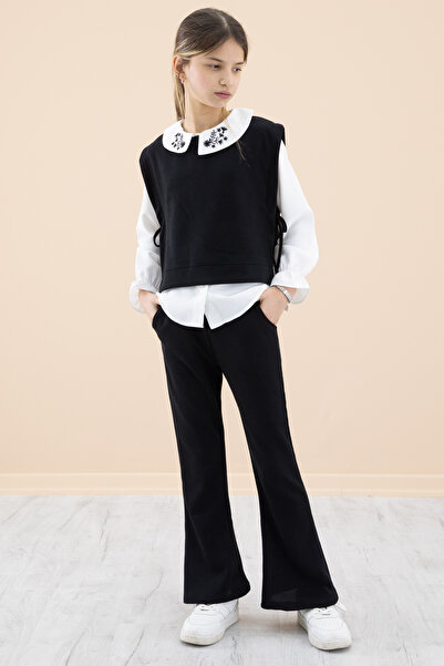 Cansın Mini Black Embroidered Collar Shirt and Sweater Girl's 3-Piece Set 20268