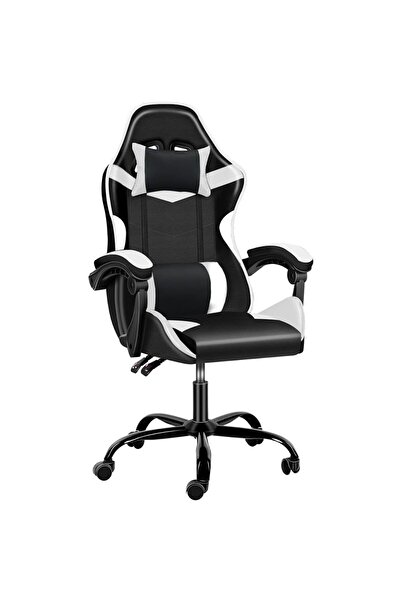 Mahmayi كرسي ألعاب مريح مع دعم قطني وظهر مرتفع من الجلد الصناعي - أسود وأبيض