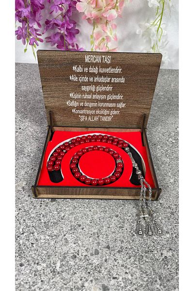 Sobe Hediyelik Coral Stone Rosary Bracelet Set with Special Wooden Box Natural Stone