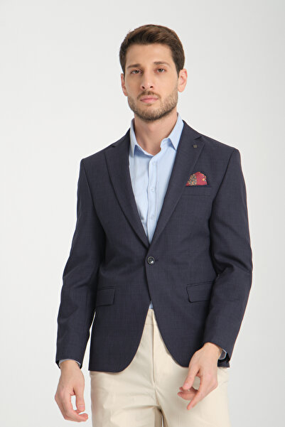 Frappoli Pieros Erkek Koyu Lacivert Pamuk Karışımlı Slim Fit Dar Kesim Dört Mevsim Blazer Ceket