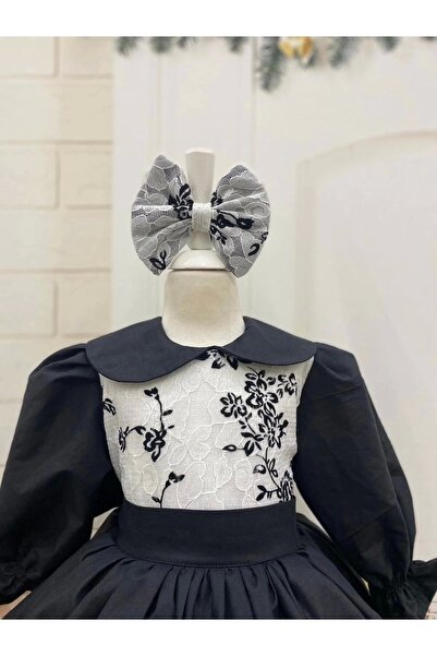 Nissa Siyah Beyaz Desenli Kız Çocuk Elbisesi