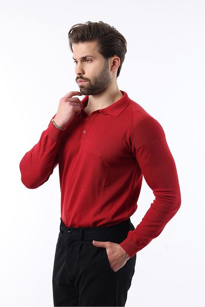 Madmext Red Polo Neck Textured Long Sleeve Sweater E7264