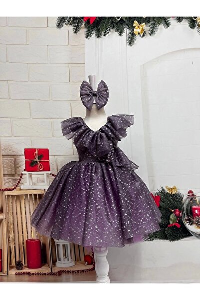 Nissa Mor Fırfırlı Kız Çocuk Elbisesi
