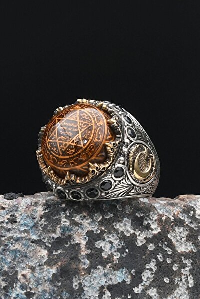 Prestige Özel Tasarım 925 Ayar Gümüş Erkek Yüzüğü Sıkma Kehribar Taşlı Hz. Sü...