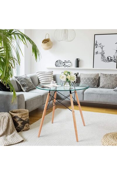 Mahmayi HYT12 110DIA Glass Round Table with Wooden Legs Coffee Table Eiffel Support 110CM (White)