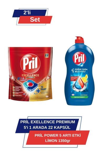 Pril Excellence Premium 5’i 1 Arada 22'li Kapsül & Power 5 Arti Etki Limon 1350gr