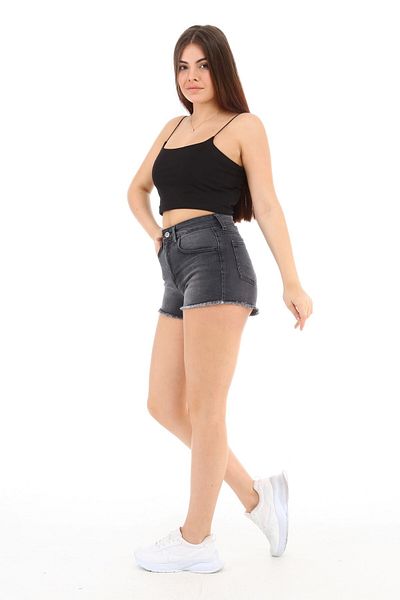 CEDY DENIM Pantaloni scurți mini din denim de damă, elastici, antracit, cu talie înaltă - C603