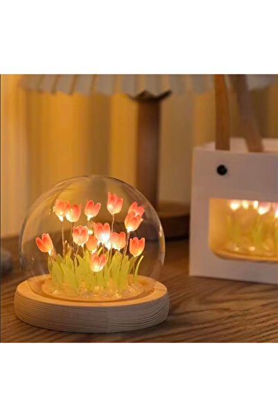 CAVAŞ sun hat Fanus İçinde Lale Bahçesi Tasarımlı Ledli Masa ve Gece Lambası