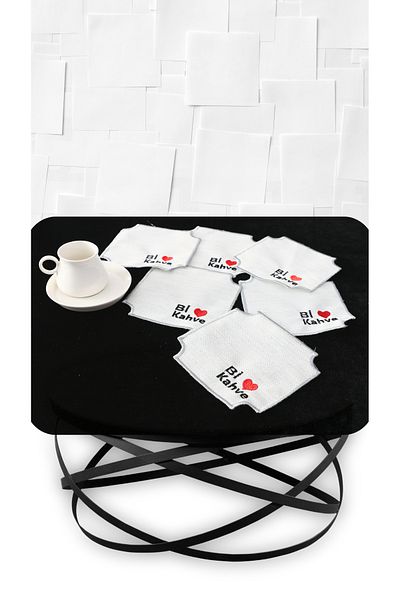 PLT Design Set of 6 Bi-Coffee Patterned Linen Coffee Side Cocktail Presentation Napkins
