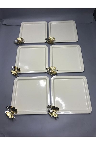 Mira züccaciye Cream Luxury Butterfly Accessory Stainless Steel Square Set of 6 White Coffee, Tea, Decorative Presentation Serving