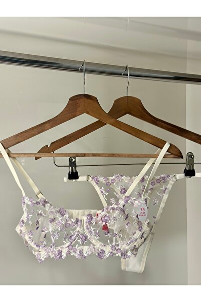Lila Çiçekli Brode Bralet Takımı