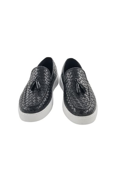 MİLONEK 202410651990   Men's Black Straw Knit Tasseled Casual Loafe