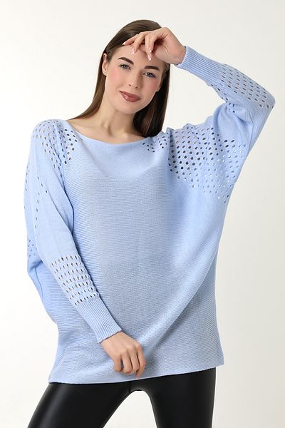 Devinka Pulover de damă, albastru baby oversize, ajurat, tricotaj casual