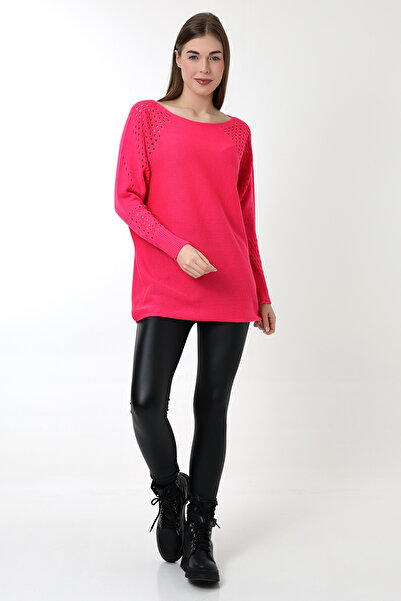 Devinka Kadın Pembe Oversize Ajurlu Salaş Triko Kazak