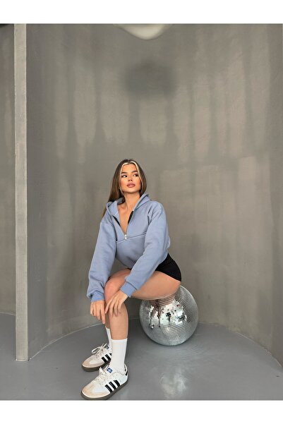 technomonkey Mavi Crop Top Kalın Kumaş Yarım Fermuarlı Kapüşonlu Hırka