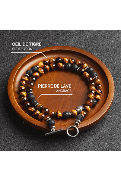 PİRAMİGO Lav Taşı ve Kaplan Gözünden “Toprak ve Ateş Enerjisi” Kolye