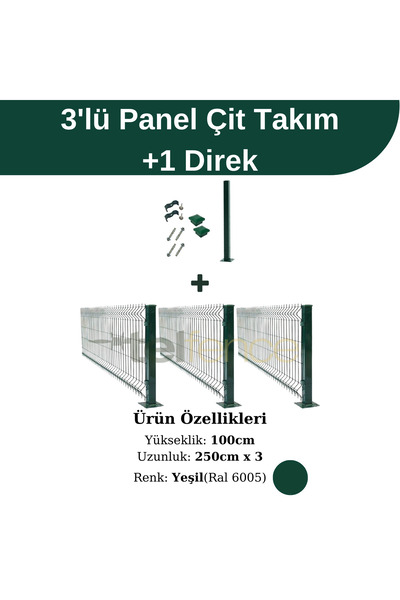 Telfence 3 'lü Panel Çit Takım 1 Direk Avantaj Paketi 100cm Yeşil Renk (7,5 M...