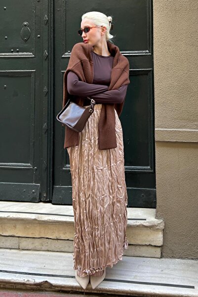 Madmext Parlak Bej  Kırışık Desen Kadın Etek MG2290