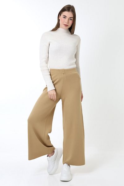 Devinka Women's Light Brown Elastic Waist Knitwear Trousers