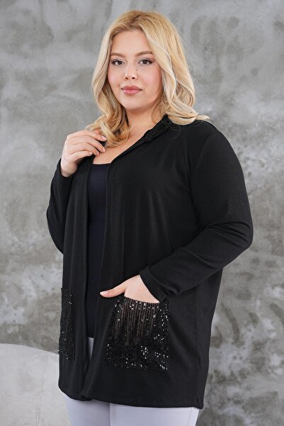 Siyezen Plus Size Sequin Leather Detailed Cardigan