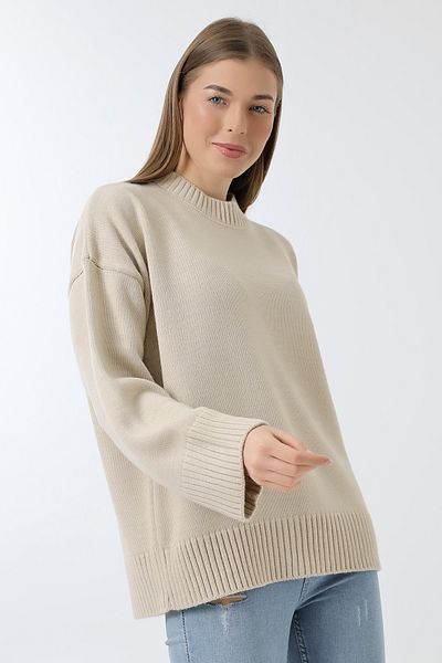 Devinka Pulover de damă, bej, cu decolteu, tricotaj supradimensionat