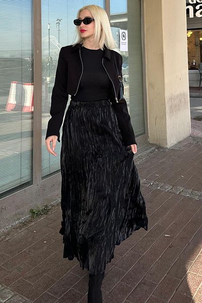 Madmext Fusta de damă cu model încrețit negru strălucitor MG2290