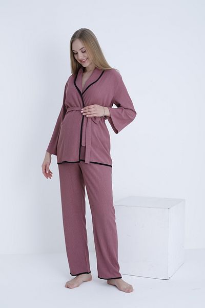Miss Dünya Lissa Maternity and Maternity Adjustable Waist Ribbed Belted Woven Pajamas Set