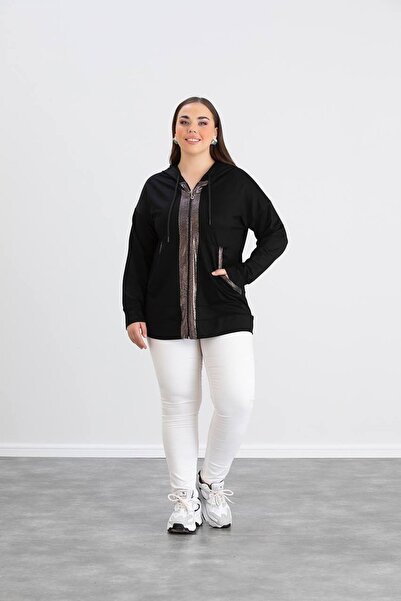 wearon tekstil Women's Crystal Fabric Casual Cut Hooded Zip Cardigan