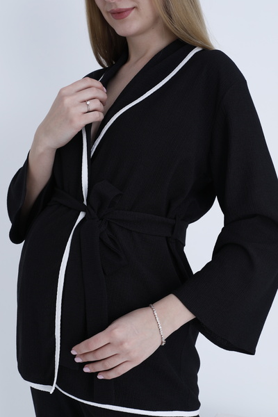 Miss Dünya Lissa Maternity and Maternity Adjustable Waist Ribbed Belted Woven Pajamas Set