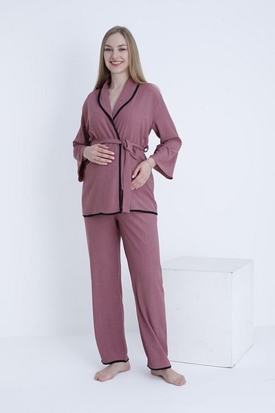 Miss Dünya Lissa Maternity and Maternity Adjustable Waist Ribbed Belted Woven Pajamas Set