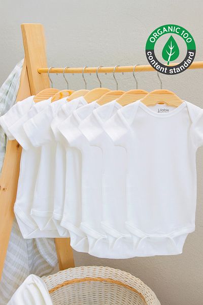 Lilabio 100% Organic Cotton 7-Piece White Short Sleeve Baby Bodysuit
